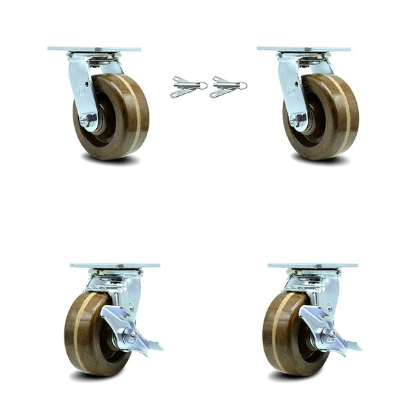 5 Inch High Temp Phenolic Caster Set with Roller Bearings 2 Swivel Lock 2 Brake